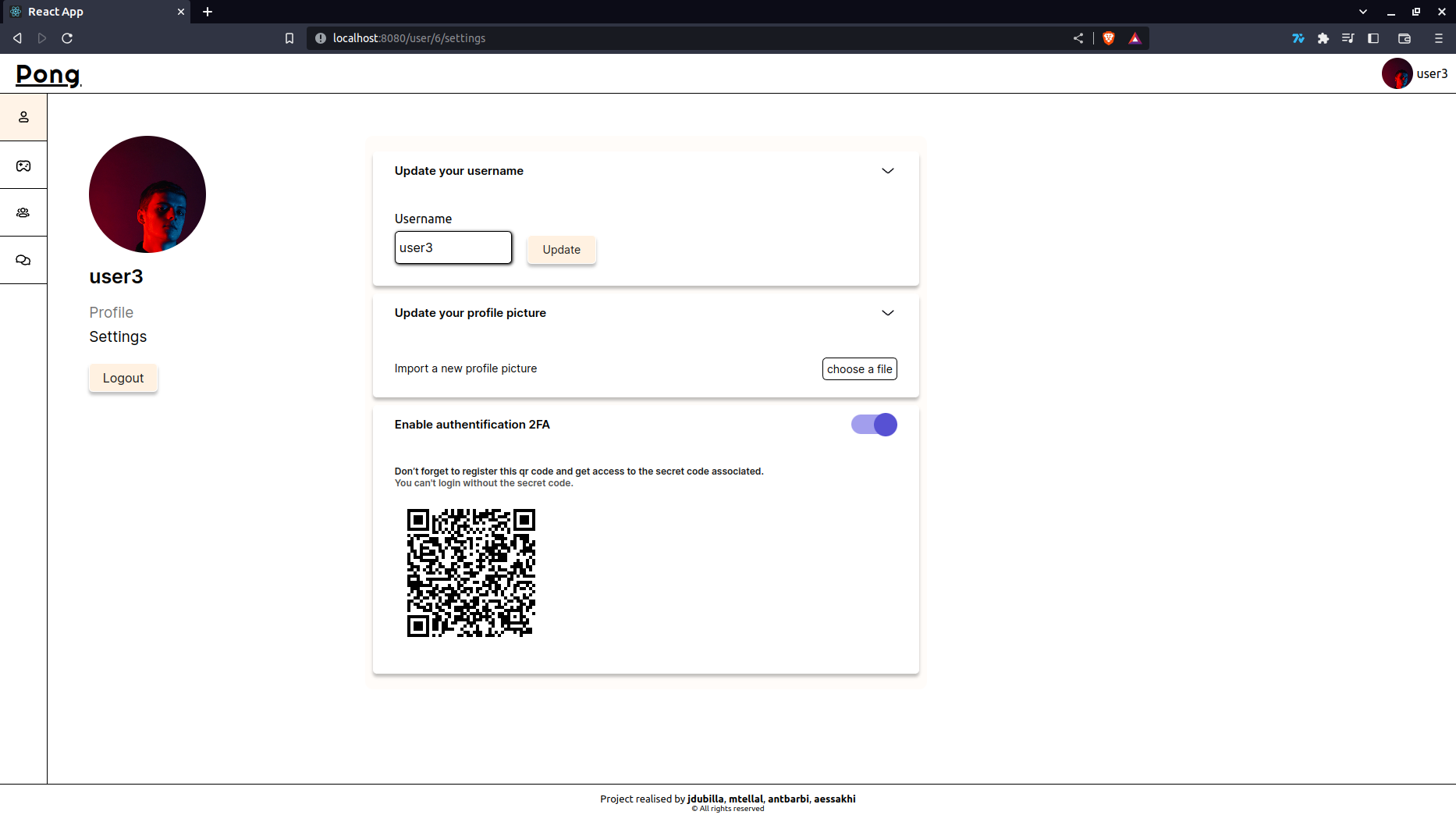 transcendance profile settings page